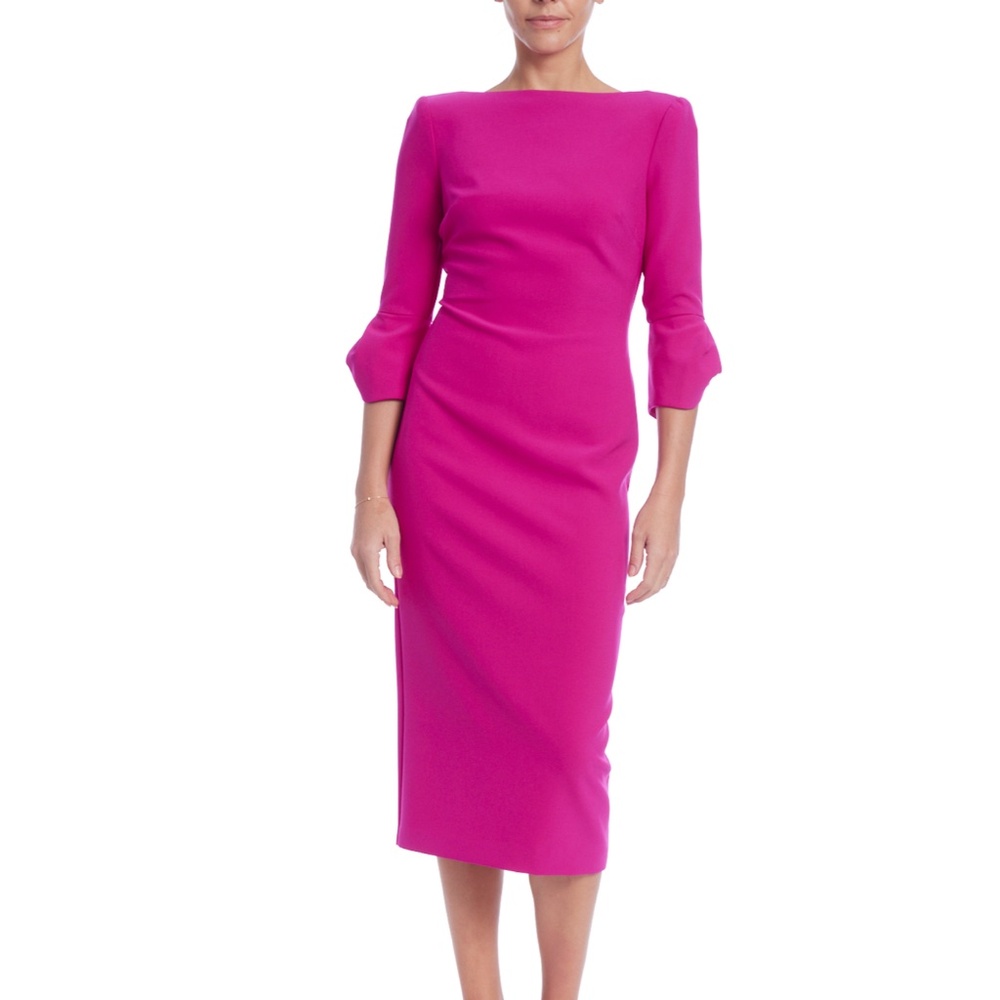 NWT Badgley Mischka Boatneck Sheath Dress with Split Tulip Sleeves Pink Size 10